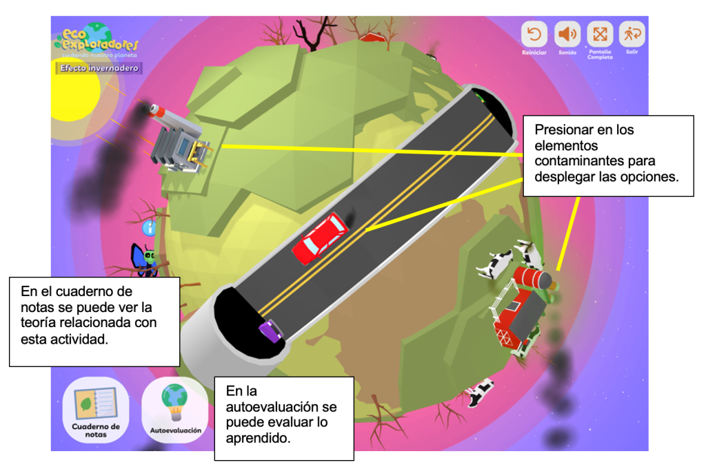 Captura de interfaz de usuario de planeta con signos de contaminación y botones de una interfaz.