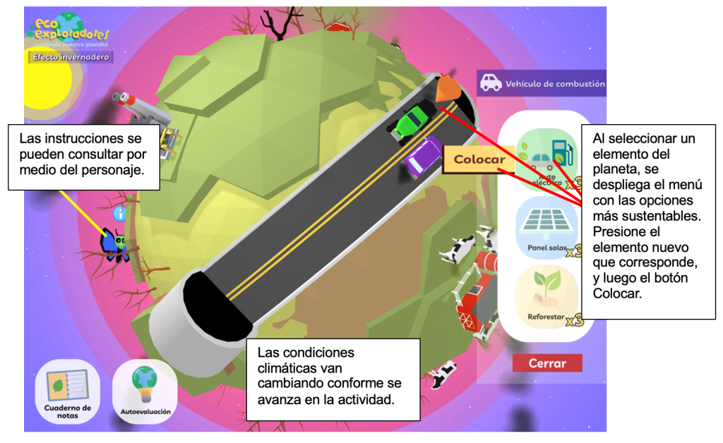 Captura de interfaz de usuario de planeta con signos de contaminación y botones de una interfaz.