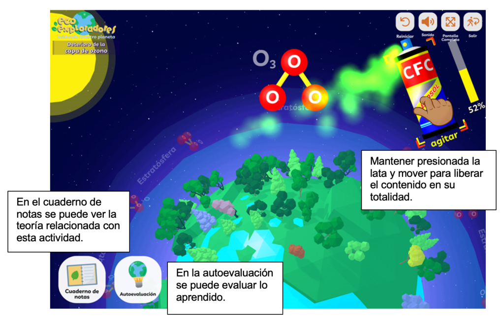 Interfaz de usuario con un planeta, una lata de aerosol y una molécula de O3