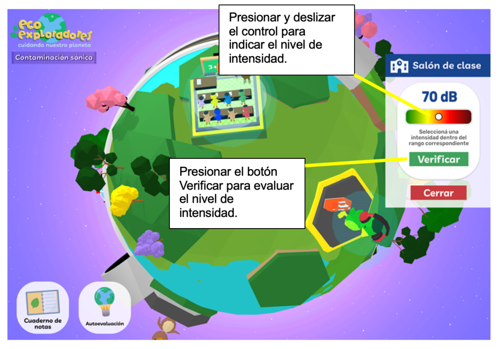 Interfaz de usuario con un planeta y varios objetos que representan la contaminación sónica.