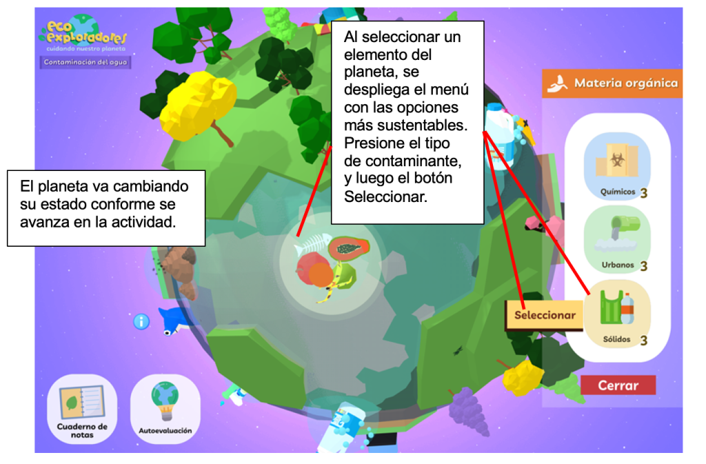 Interfaz de usuario con un planeta y varios objetos que representan desechos.