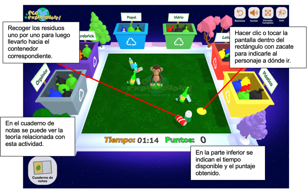 Interfaz de usuario con recipientes de reciclaje y un mono caricaturizado recogiendo residuos