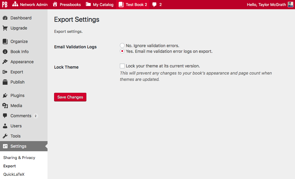 Export Settings screen on Pressbooks.com