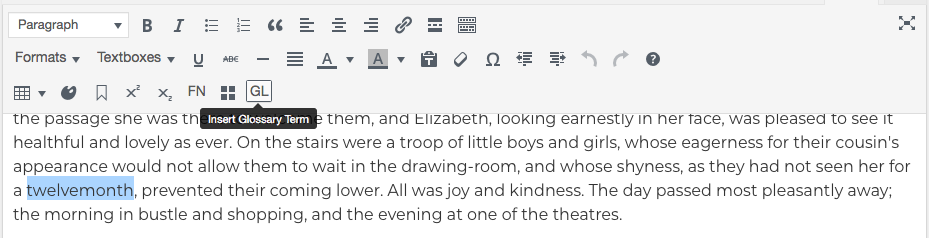 The "Glossary" button on the visual editor toolbar.