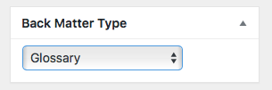 "Glossary" selected in the Back Matter Type menu.