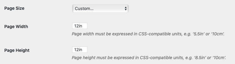 Page size width and height settings on the PDF Options page