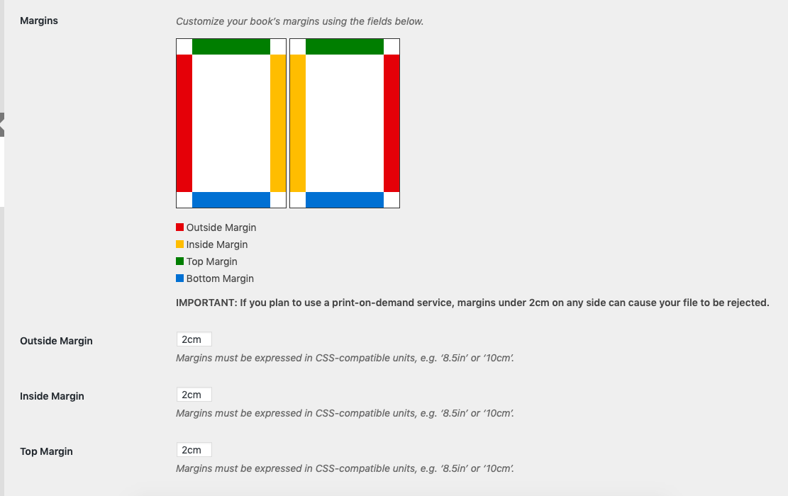 Margin setting on the PDF Options page