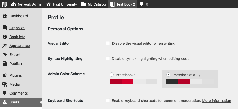 The Pressbooks a11y admin color scheme