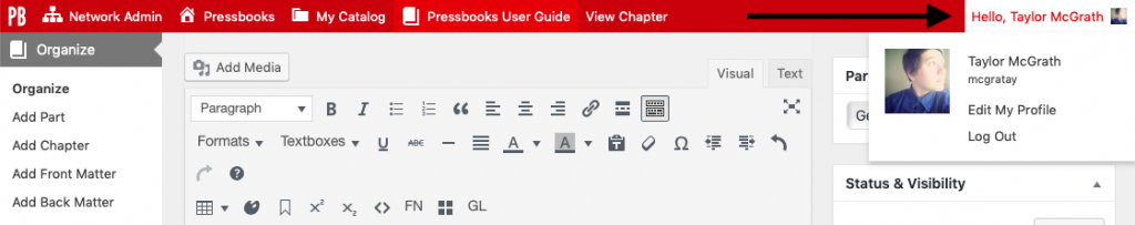 Profile settings in the upper right corner of the Presssbooks dashboard