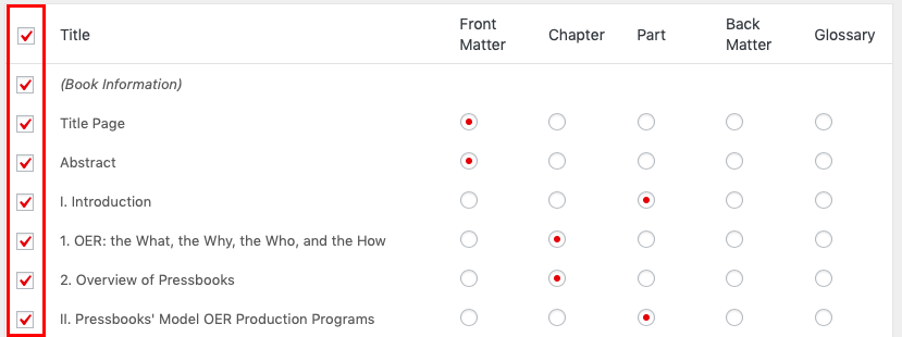 The checkboxes on the left side of the import table