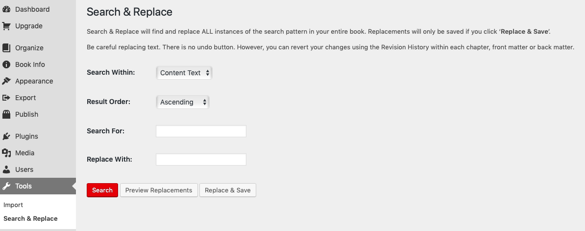 The search and replace form