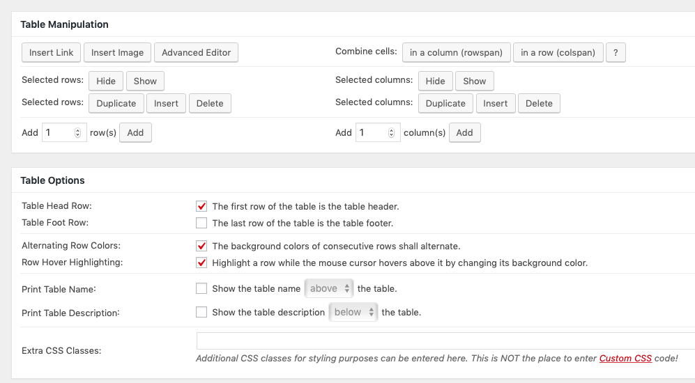 Configuration options for TablePress tables.