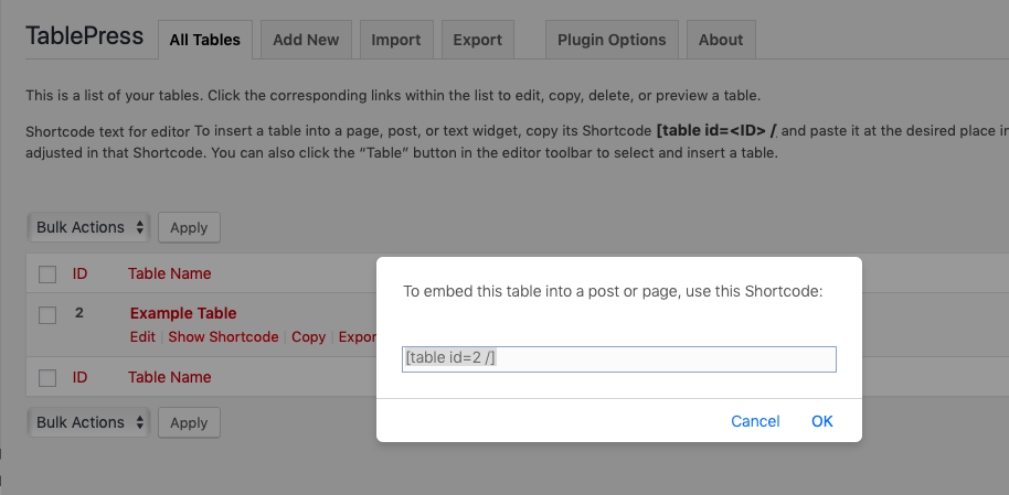 TablePress shortcode