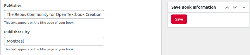 Publisher and Save Book Information options in Pressbooks Book Info page