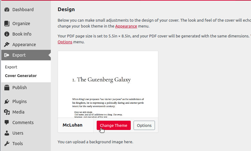 Change theme option in Pressbooks Cover Generator