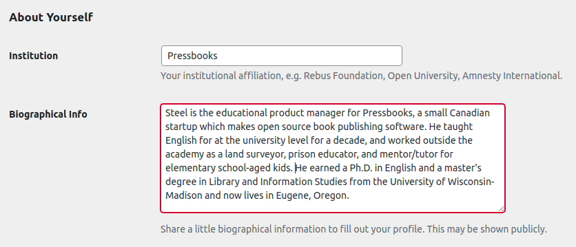 About Yourself section in Pressbooks user profile