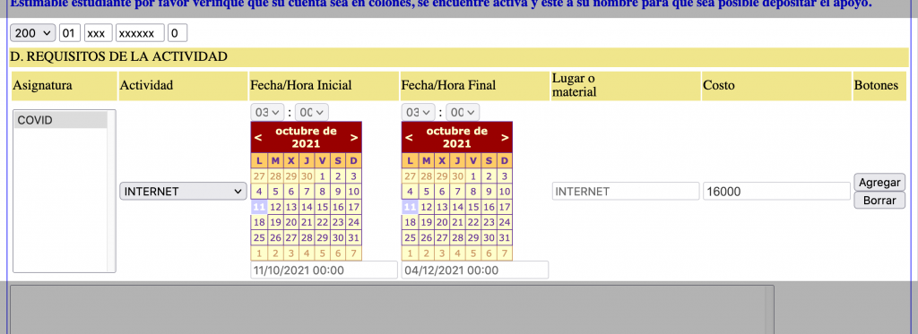 Captura de pantalla de formulario web con campos para indicar la fecha