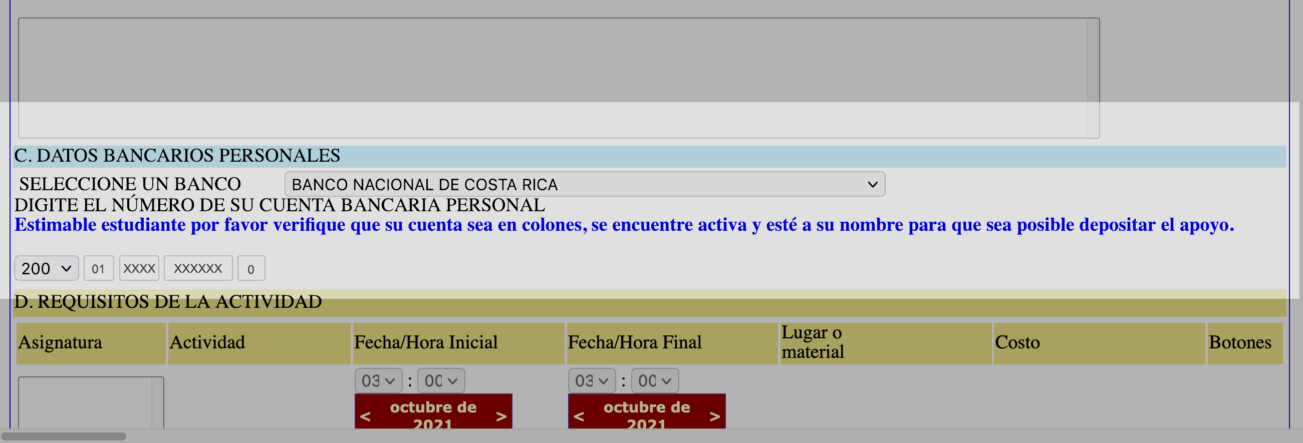 Captura de pantalla de formulario web contactos de cuenta bancaria