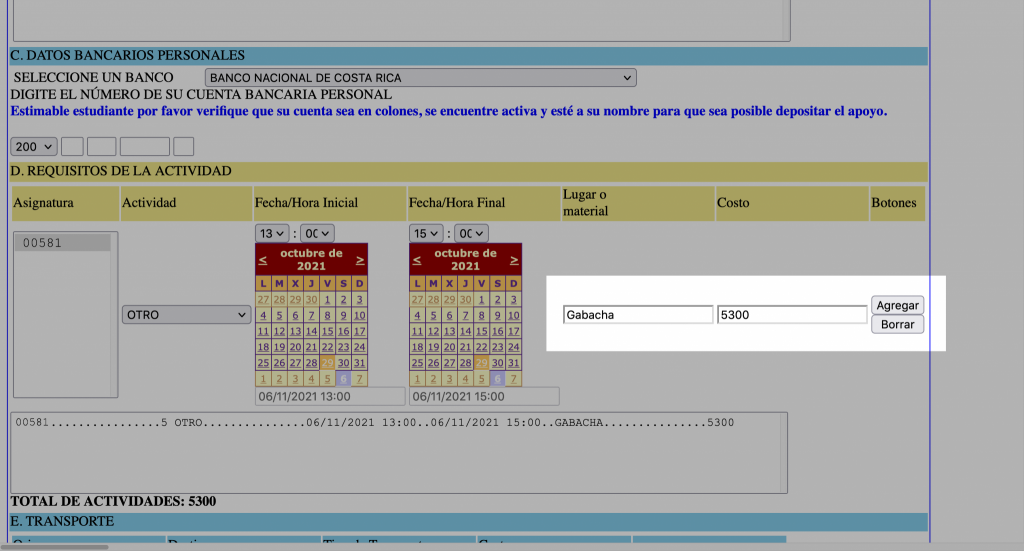 Captura de pantalla de formulario web que resalta gabacha y el precio de 5300