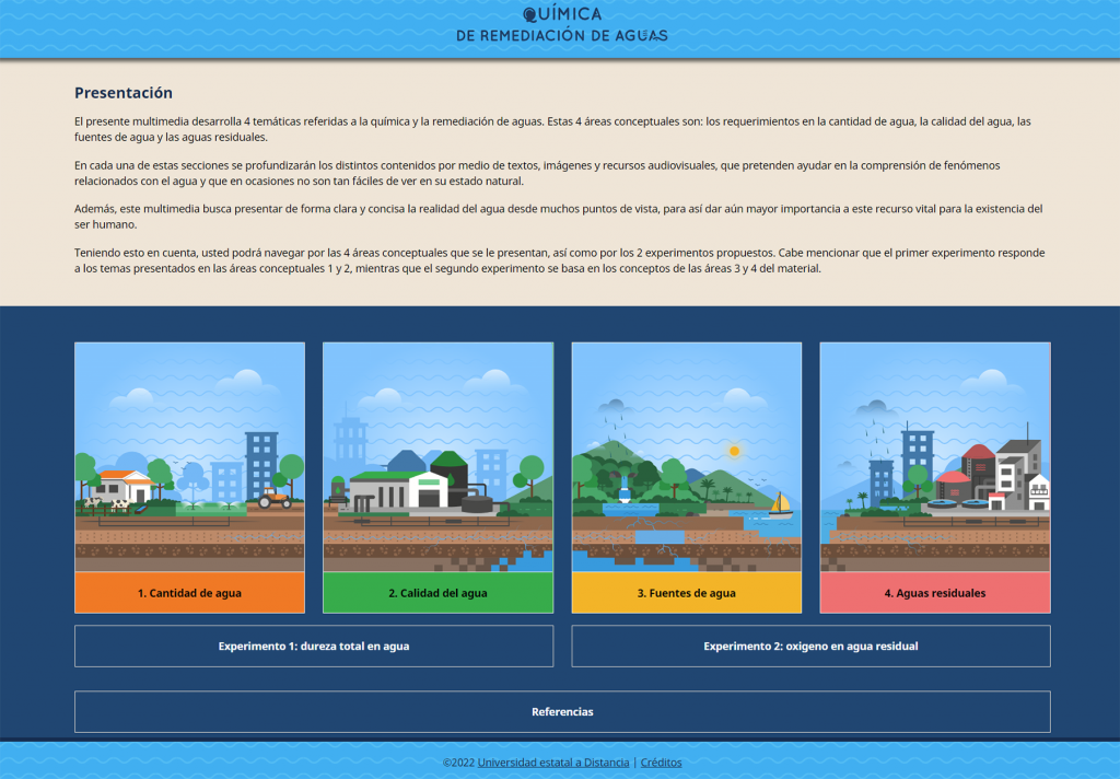 Imagen que muestra el diseño de la interfaz gráfica principal del multimedia educativo Química de remediación de aguas.