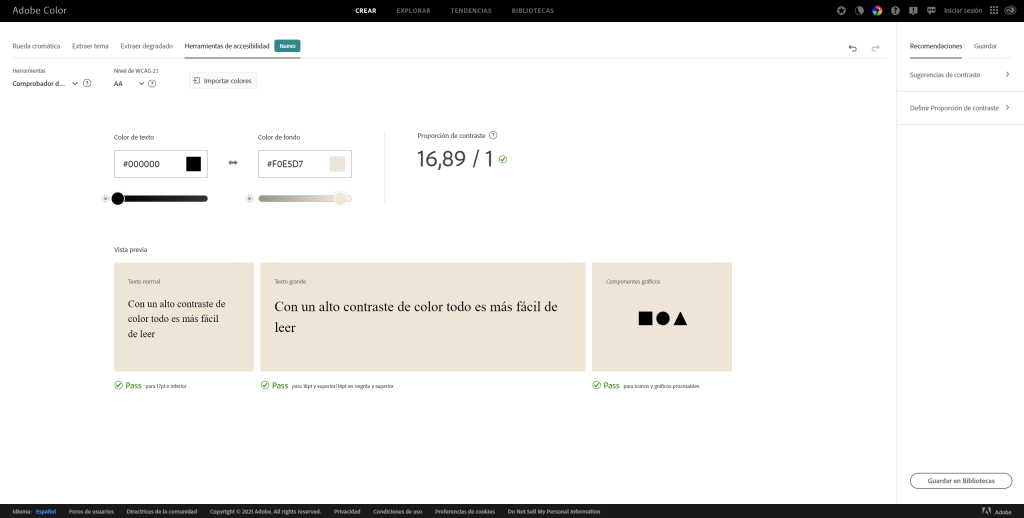 Imagen que hace referencia a la validación de contraste de color realizada con la opción Comprobador de contraste de la aplicación web Adobe Color.