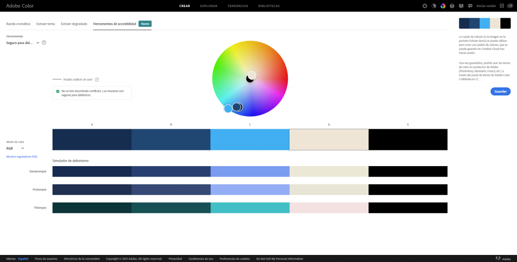 Imagen que hace referencia a la validación de la paleta de color realizada con la opción Temas seguros para daltónicos de la aplicación web Adobe Color.