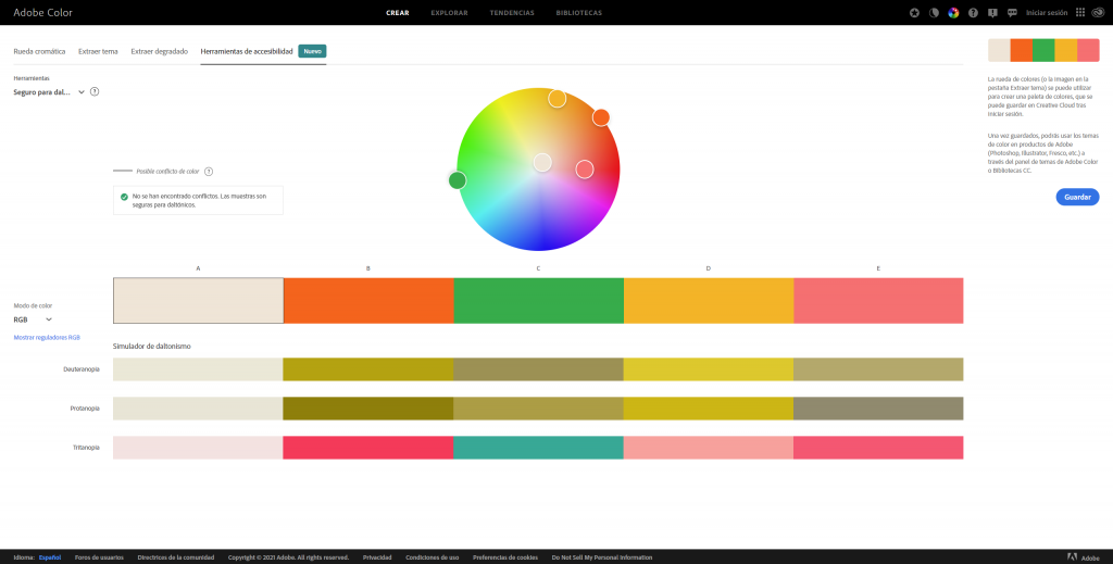 Imagen que hace referencia a la validación de la paleta de color realizada con la opción Temas seguros para daltónicos de la aplicación web Adobe Color.