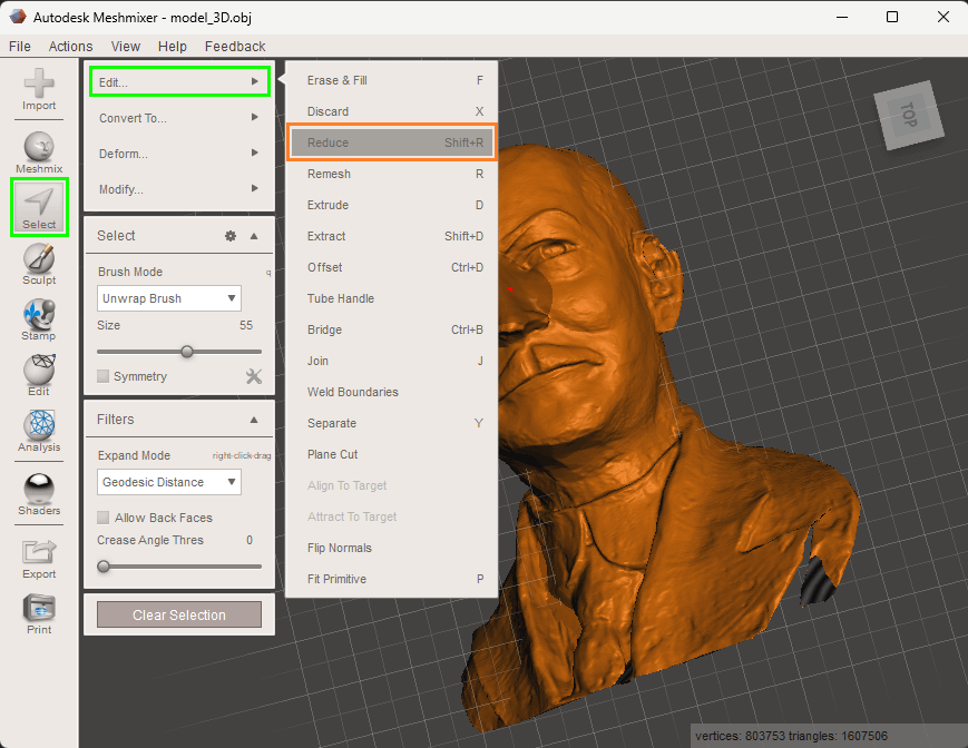 MeshMixer - opción de reducir modelado