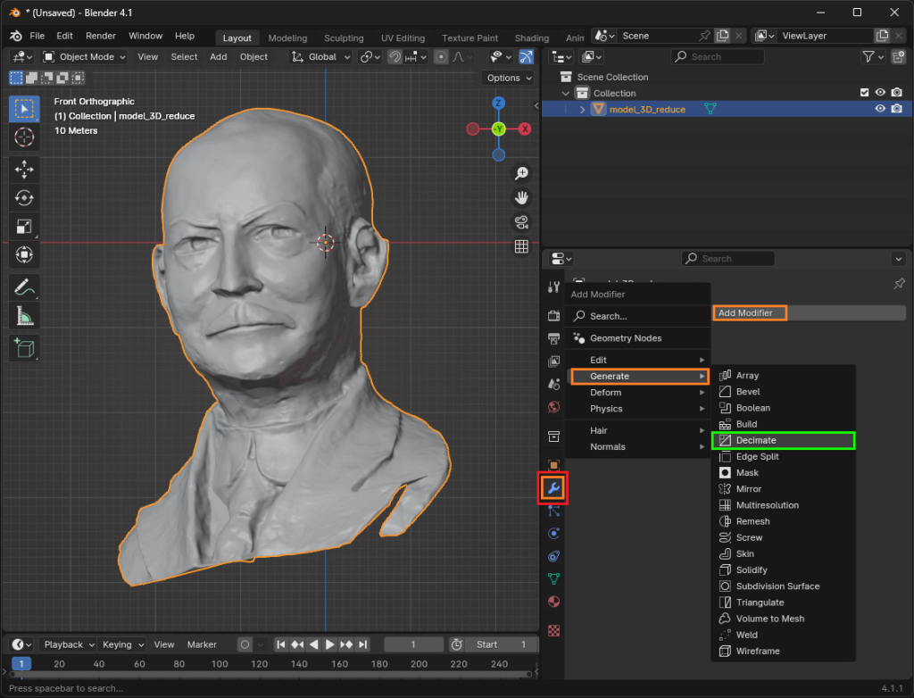 Selección de modificador Decimate en Blender