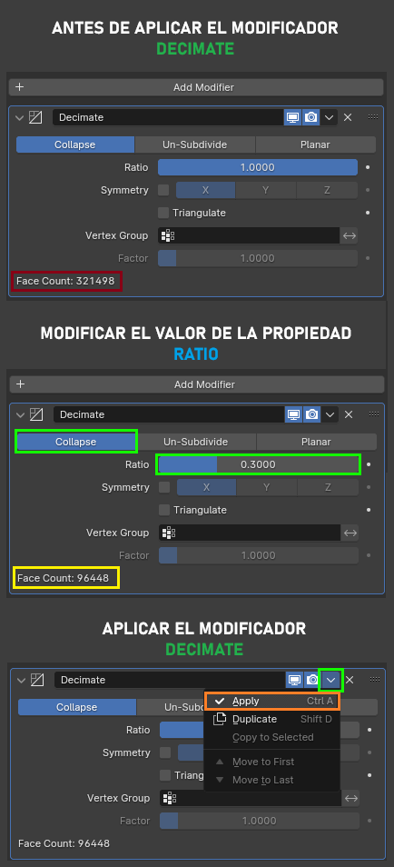 Aplicación de modificador Decimate en Blender