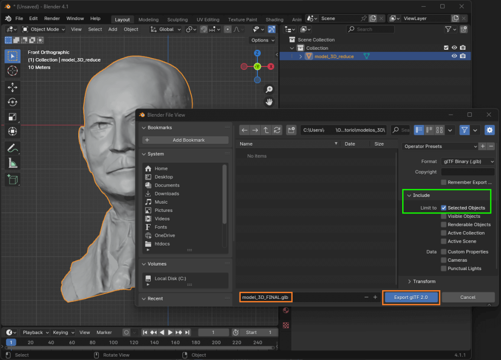 Exportar como archivo GLB en Blender