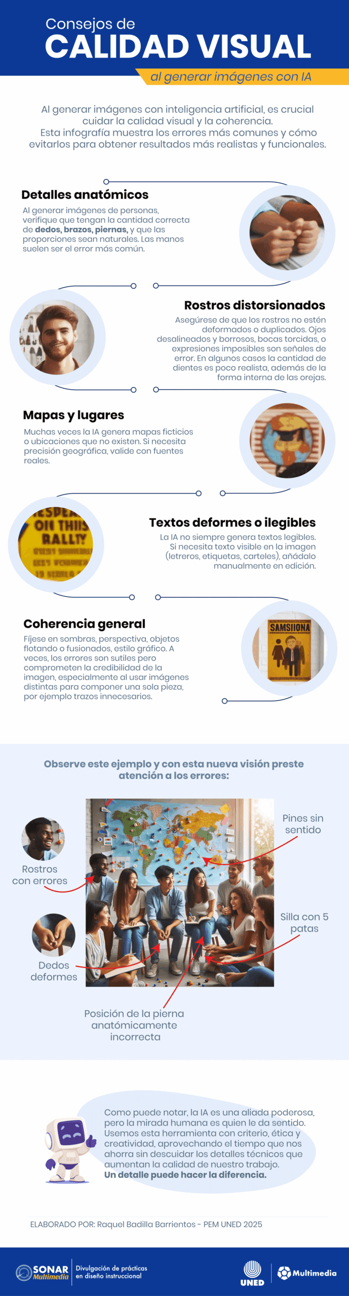 Infografía con consejos sobre cuidados de calidad visual al generar imágenes con IA: Vigilar detalles anatómicos, cuidar que los rostros no estén distorsionados, revisar la geografía en mapas y lugares, cuidarse de los textos deformes o ilegibles y revisar la coherencia general.